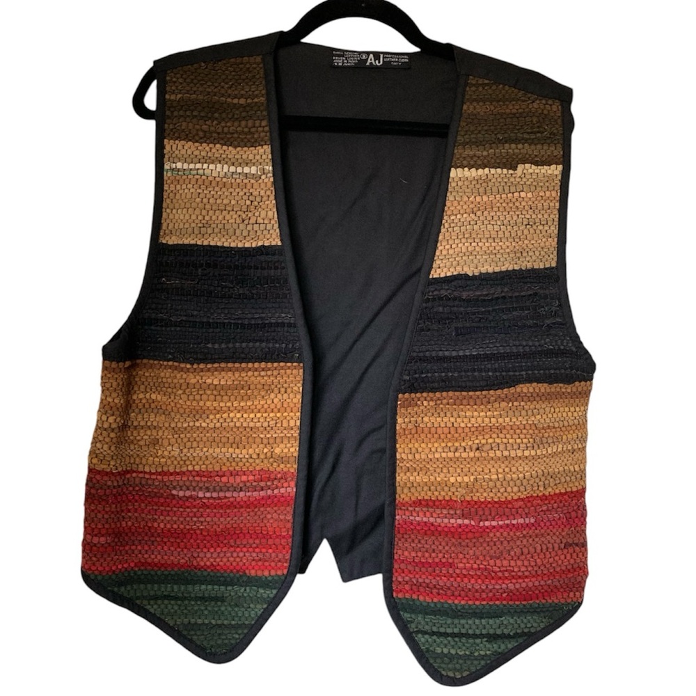 Vintage Vest AJ Leather Woven Western Festival Cowgirl Multicolor Sz S‎ Vtg